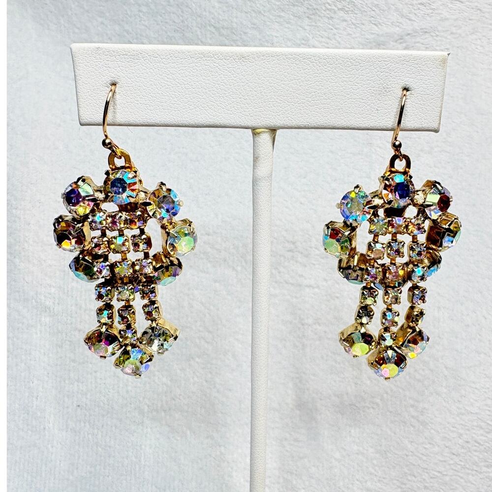 Vintage AB Rhinestone Cluster Earrings, All Chatons, Converted to Pierced